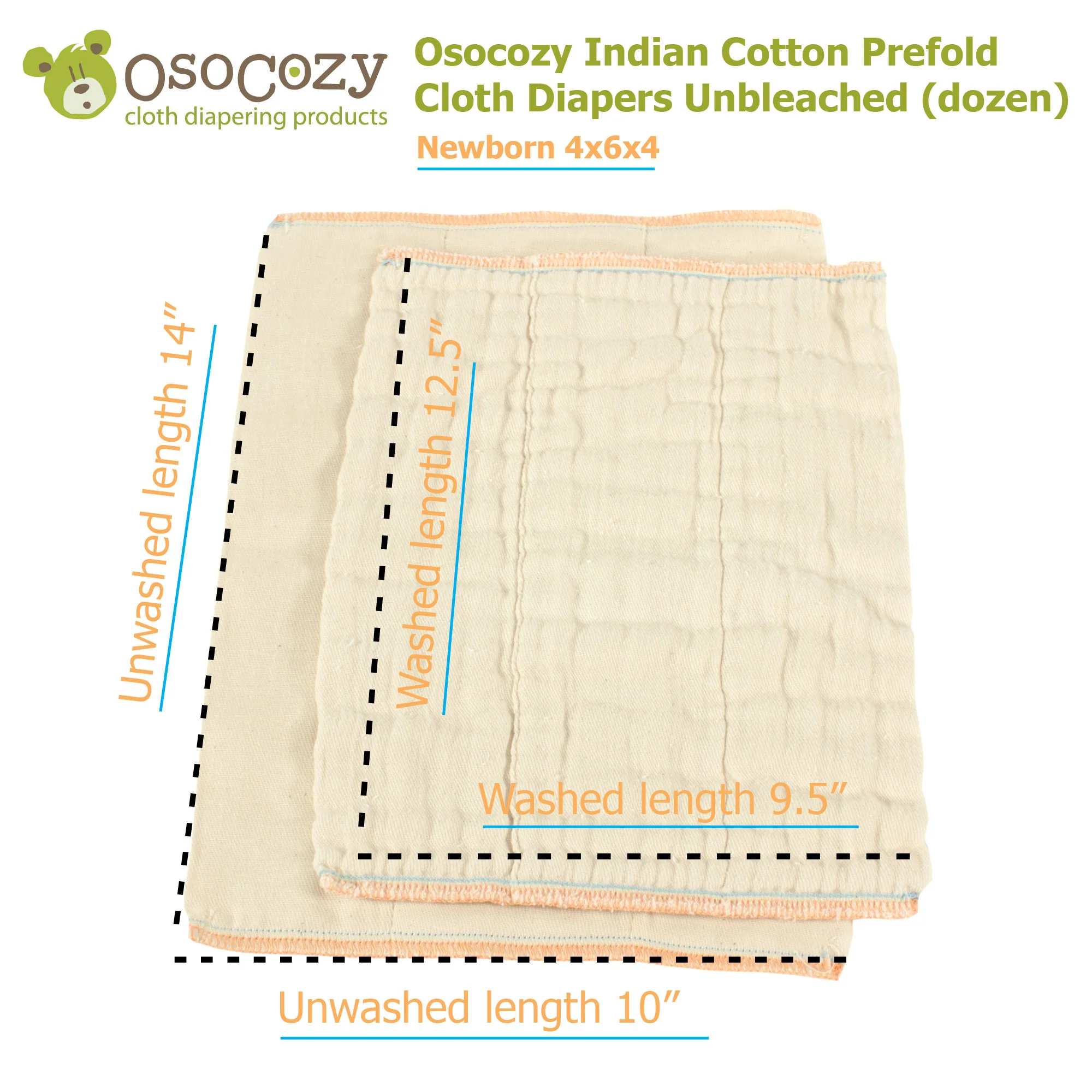 Osocozy Indian Cotton Prefold Cloth Diapers Unbleached Natural (dozen) - Image 3