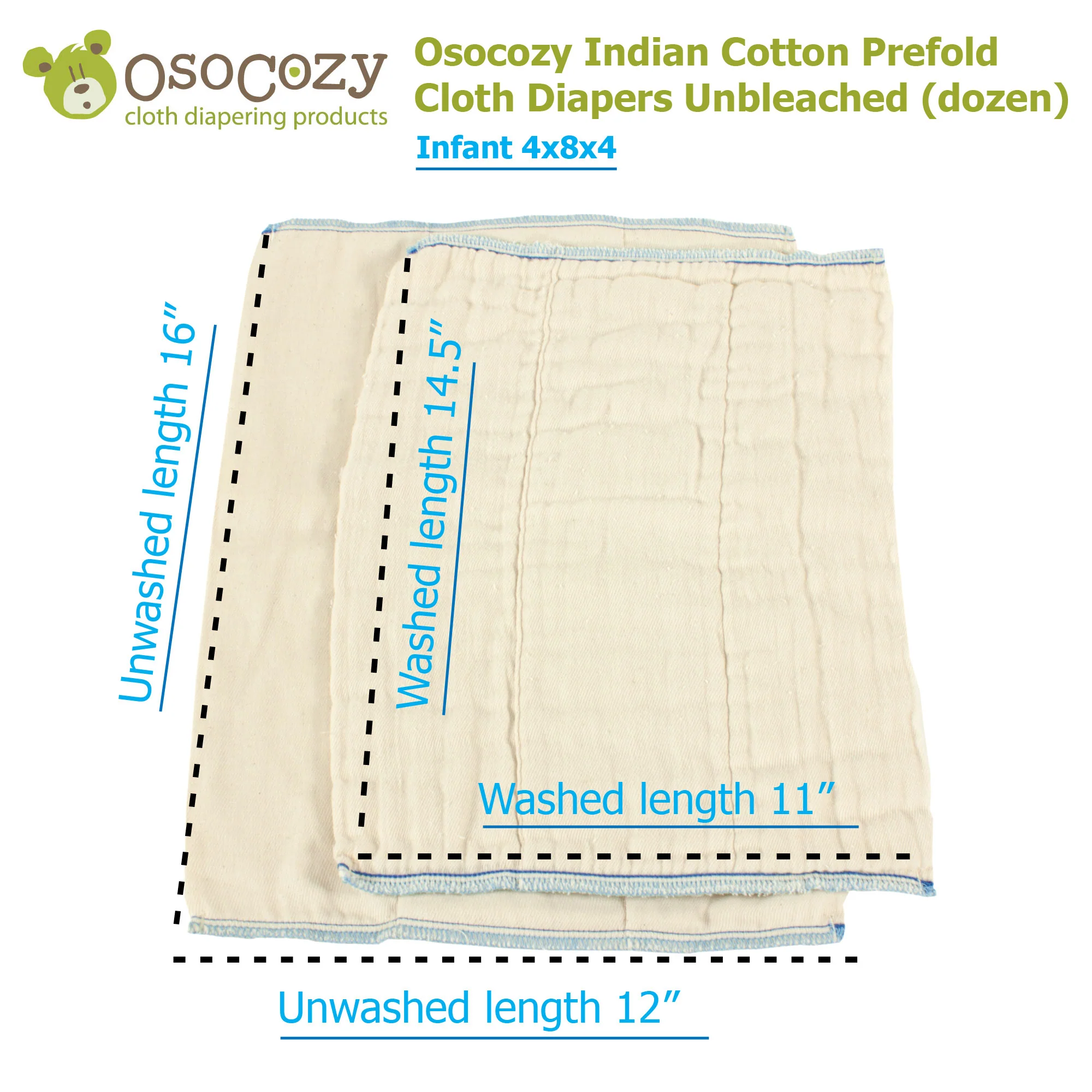 Osocozy Indian Cotton Prefold Cloth Diapers Unbleached Natural (dozen) - Image 4