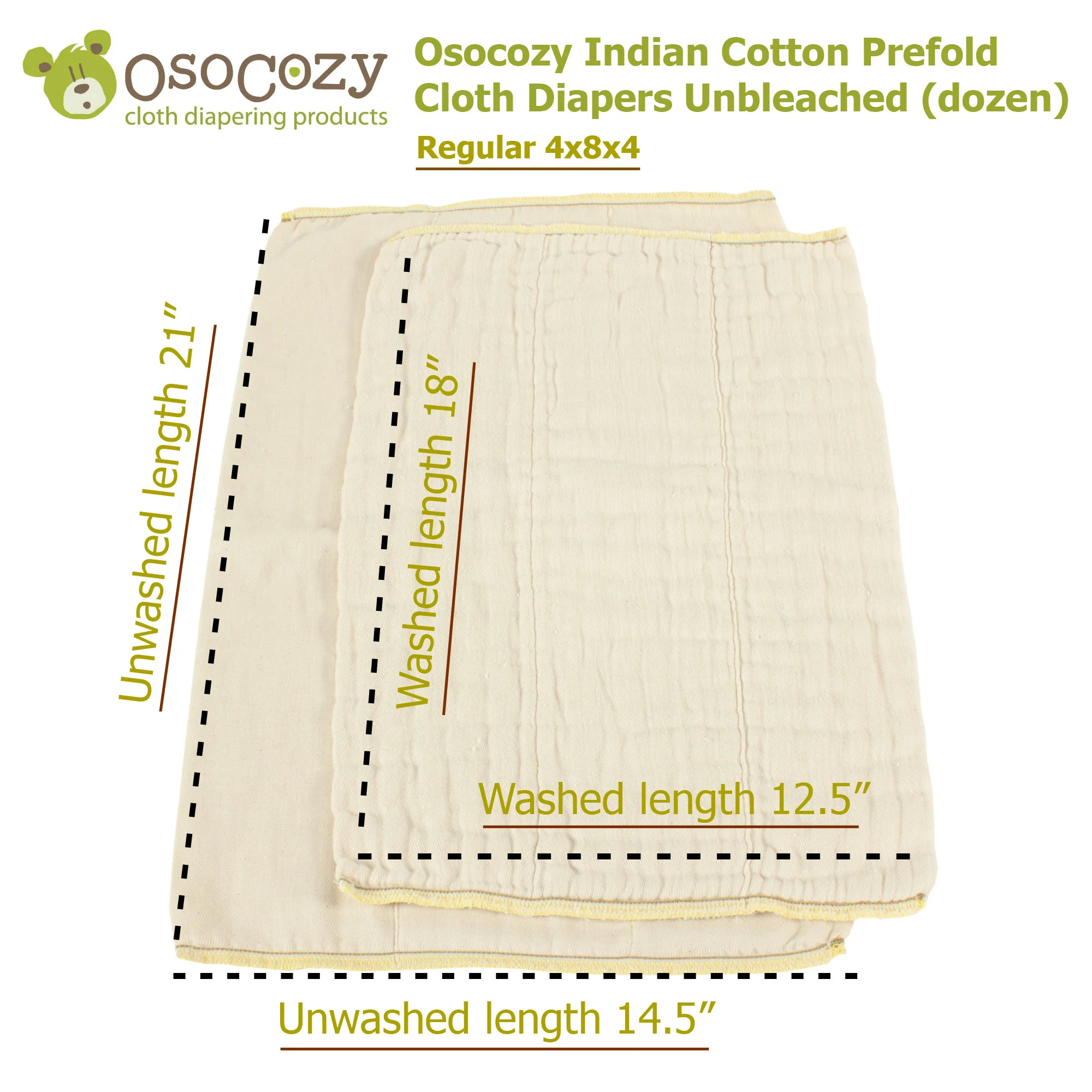 Osocozy Indian Cotton Prefold Cloth Diapers Unbleached Natural (dozen) - Image 5
