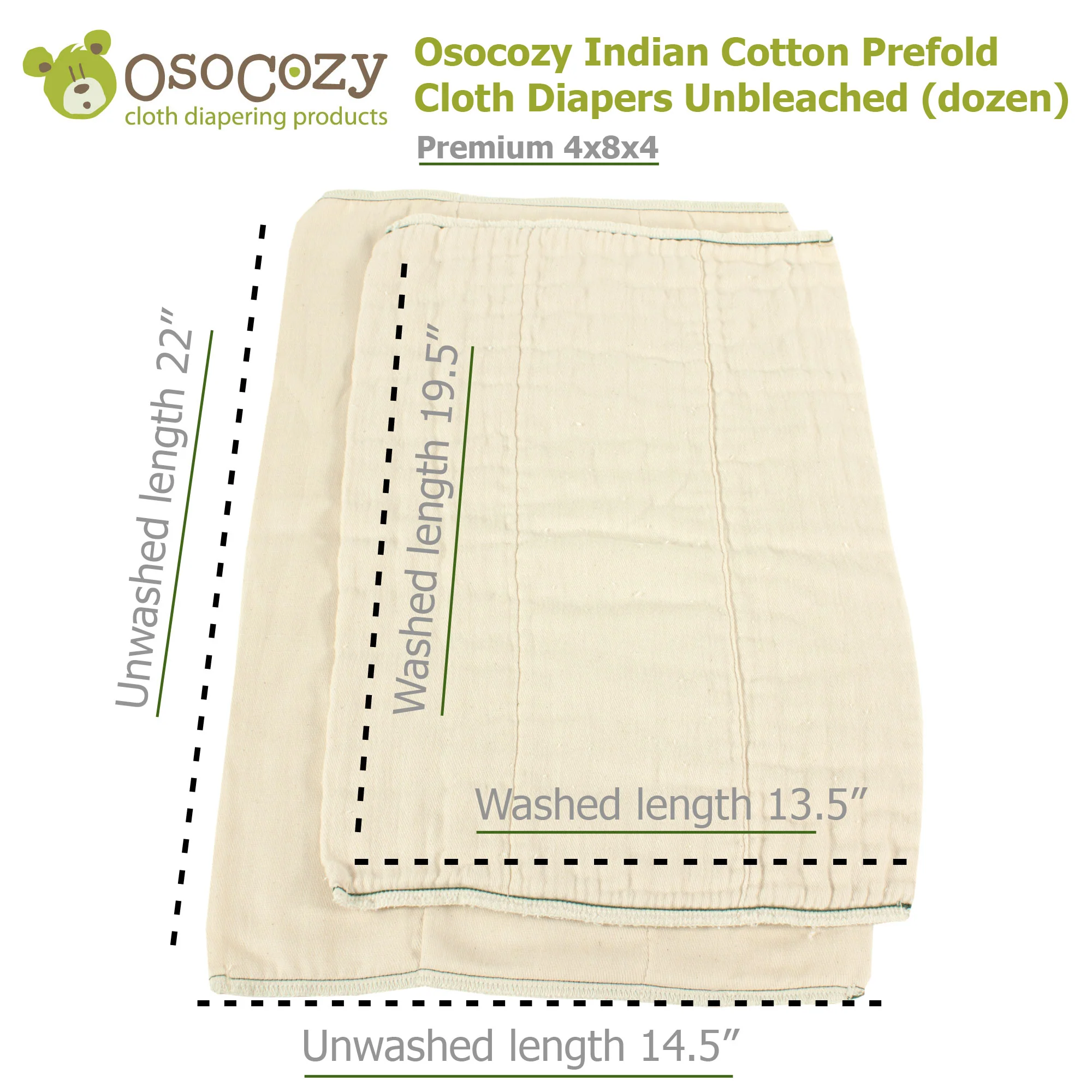 Osocozy Indian Cotton Prefold Cloth Diapers Unbleached Natural (dozen) - Image 6